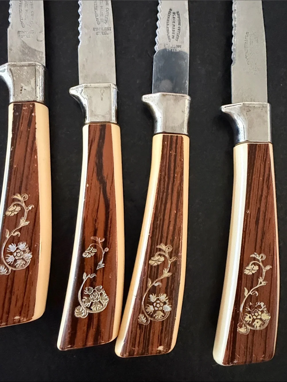 Vintage Country Sheffield England Steak Knives Floral Inlay - Set of 6